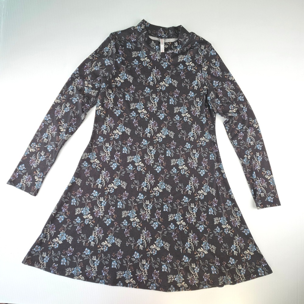 Xhilaration Dark Floral Rib Knit Long Sleeve Dress Black Blue L 90s Grunge Alt